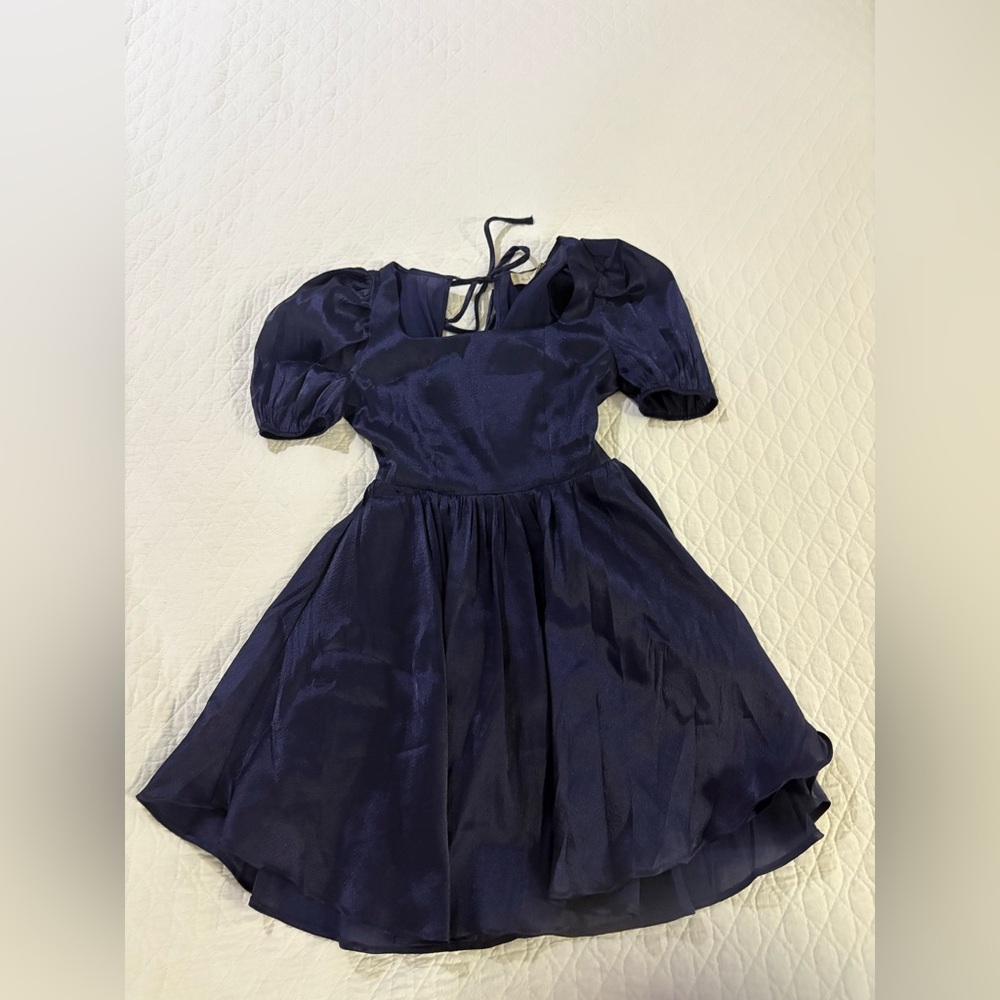 Satin Navy / Midnight Blue Dress Puff Sleeve Dress